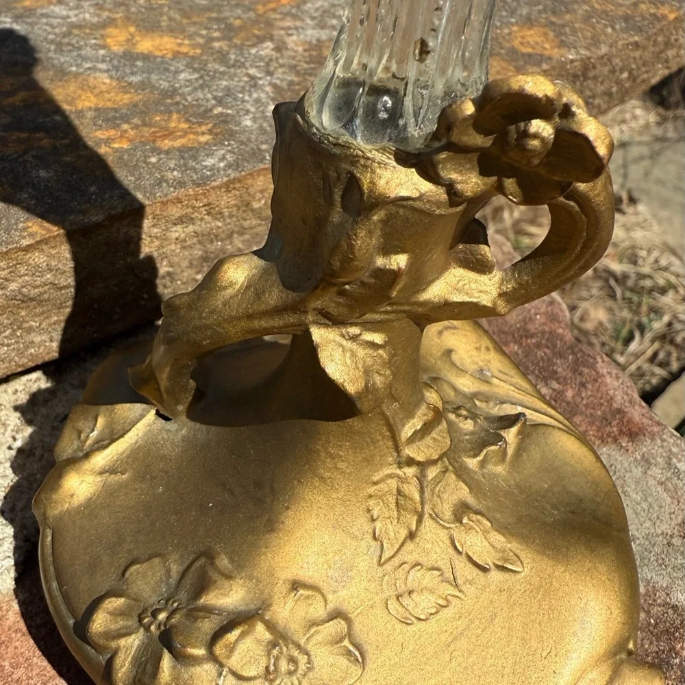 Vintage Art Nouveau Style Glass Trumpet Vase‎ Metal Figural Base